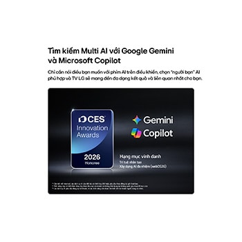 Huy hiệu 2026 CES Innovation Awards Honoree trong hạng mục Trí tuệ nhân tạo ghi nhận tính năng Multi-AI Search với Google Gemini và Microsoft Copilot.